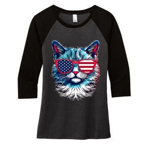 American Cat Patriotic Sunglasses Usa Flag 4th Of July Cat Graphic Women's Tri-Blend 3/4-Sleeve Raglan Shirt