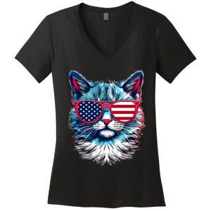 American Cat Patriotic Sunglasses Usa Flag 4th Of July Cat Graphic Women's V-Neck T-Shirt