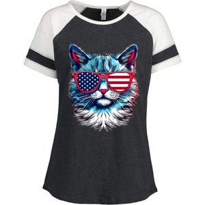 American Cat Patriotic Sunglasses Usa Flag 4th Of July Cat Graphic Enza Ladies Jersey Colorblock Tee