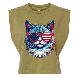 American Cat Patriotic Sunglasses Usa Flag 4th Of July Cat Graphic Garment-Dyed Women's Muscle Tee