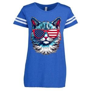 American Cat Patriotic Sunglasses Usa Flag 4th Of July Cat Graphic Enza Ladies Jersey Football T-Shirt