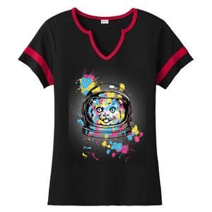 Astronaut Cat Paint Splatter Colorful Design Ladies Halftime Notch Neck Tee