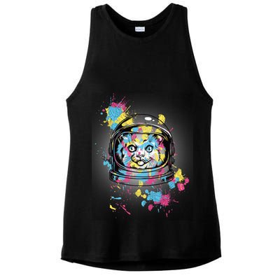 Astronaut Cat Paint Splatter Colorful Design Ladies PosiCharge Tri-Blend Wicking Tank