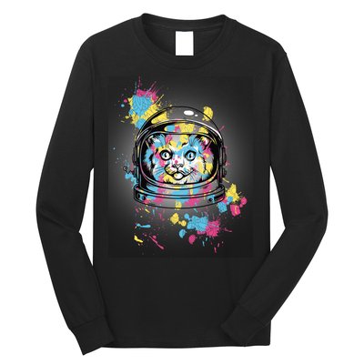 Astronaut Cat Paint Splatter Colorful Design Long Sleeve Shirt