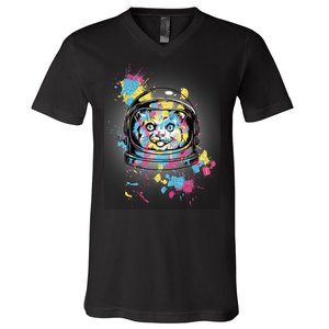 Astronaut Cat Paint Splatter Colorful Design V-Neck T-Shirt