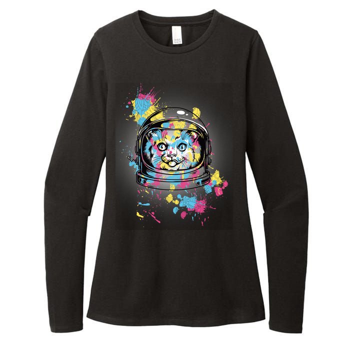 Astronaut Cat Paint Splatter Colorful Design Womens CVC Long Sleeve Shirt