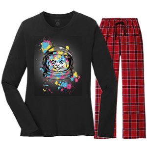 Astronaut Cat Paint Splatter Colorful Design Women's Long Sleeve Flannel Pajama Set 