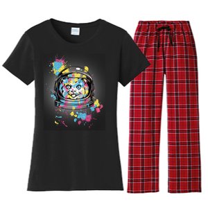 Astronaut Cat Paint Splatter Colorful Design Women's Flannel Pajama Set