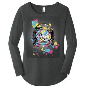 Astronaut Cat Paint Splatter Colorful Design Women's Perfect Tri Tunic Long Sleeve Shirt