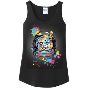 Astronaut Cat Paint Splatter Colorful Design Ladies Essential Tank