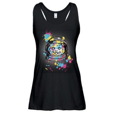 Astronaut Cat Paint Splatter Colorful Design Ladies Essential Flowy Tank