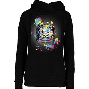 Astronaut Cat Paint Splatter Colorful Design Womens Funnel Neck Pullover Hood