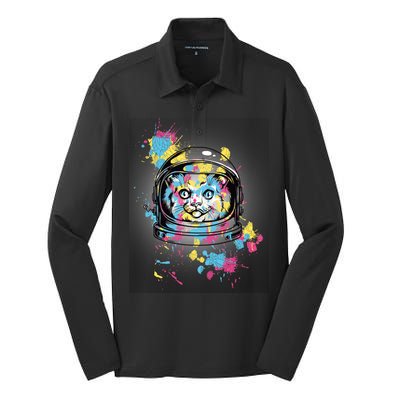 Astronaut Cat Paint Splatter Colorful Design Silk Touch Performance Long Sleeve Polo