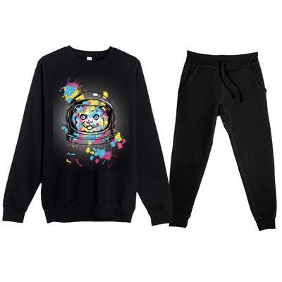 Astronaut Cat Paint Splatter Colorful Design Premium Crewneck Sweatsuit Set