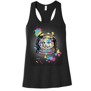 Astronaut Cat Paint Splatter Colorful Design Women's Racerback Tank