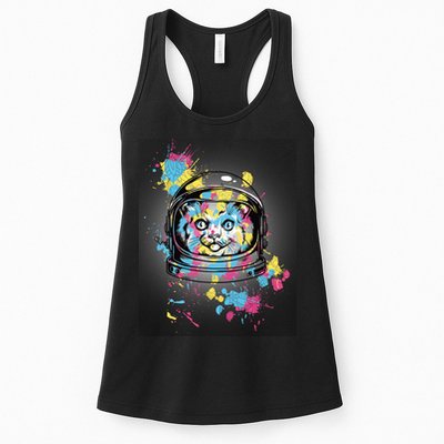 Astronaut Cat Paint Splatter Colorful Design Womens Tank Top