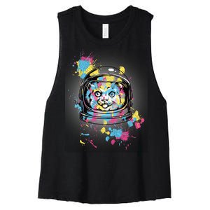 Astronaut Cat Paint Splatter Colorful Design Women's Racerback Cropped Tank