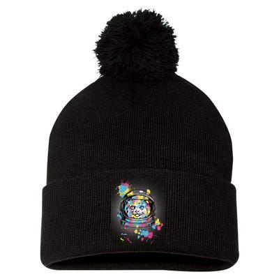 Astronaut Cat Paint Splatter Colorful Design Pom Pom 12in Knit Beanie