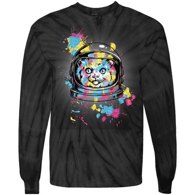 Astronaut Cat Paint Splatter Colorful Design Tie-Dye Long Sleeve Shirt