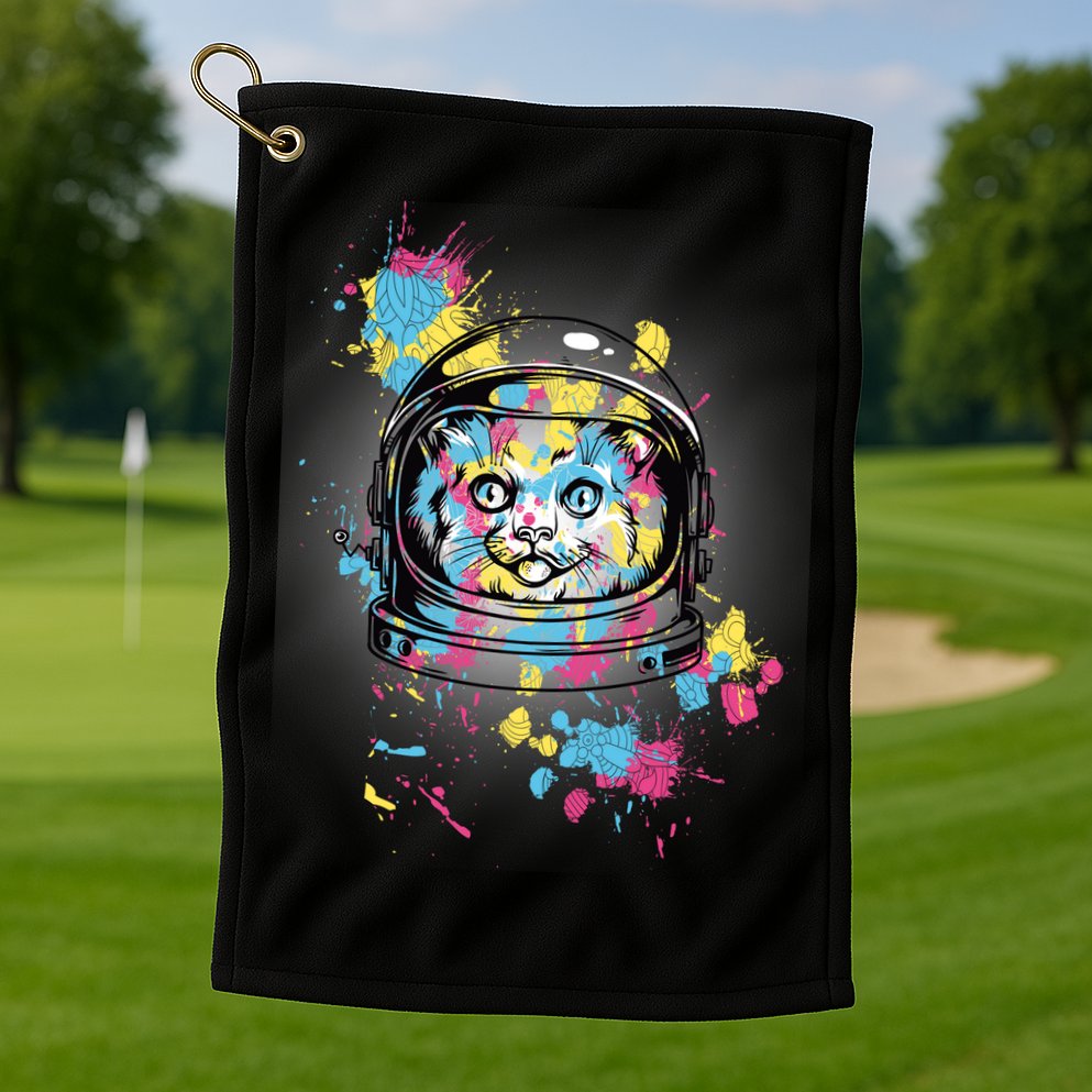 Astronaut Cat Paint Splatter Colorful Design Golf Towel