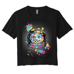 Astronaut Cat Paint Splatter Colorful Design Women's Crop Top Tee