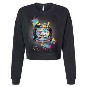 Astronaut Cat Paint Splatter Colorful Design Cropped Pullover Crew