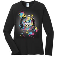 Astronaut Cat Paint Splatter Colorful Design Ladies Long Sleeve Shirt