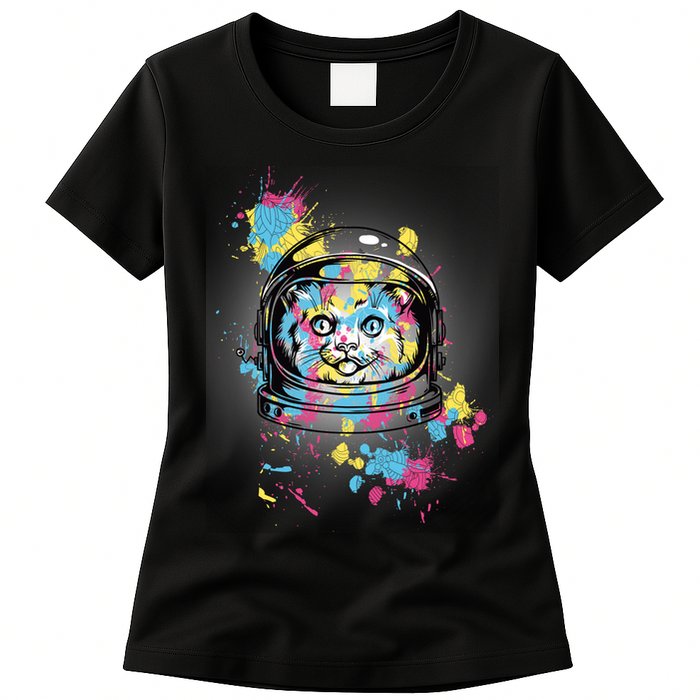 Astronaut Cat Paint Splatter Colorful Design Womens T-Shirt