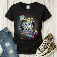 Astronaut Cat Paint Splatter Colorful Design Womens T-Shirt