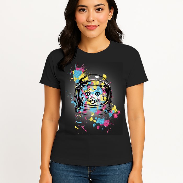 Astronaut Cat Paint Splatter Colorful Design Womens T-Shirt