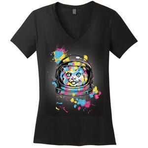 Astronaut Cat Paint Splatter Colorful Design Women's V-Neck T-Shirt