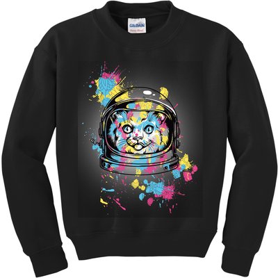 Astronaut Cat Paint Splatter Colorful Design Kids Sweatshirt