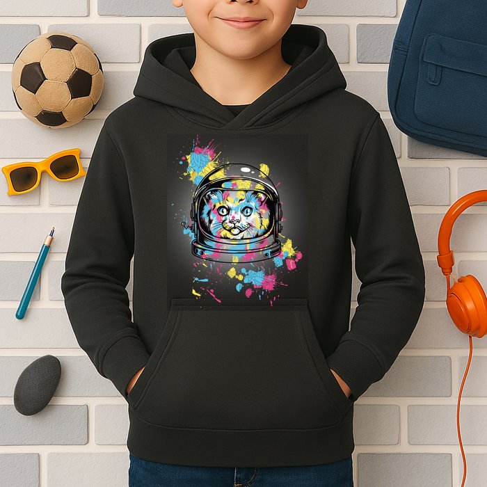 Astronaut Cat Paint Splatter Colorful Design Kids Hoodie