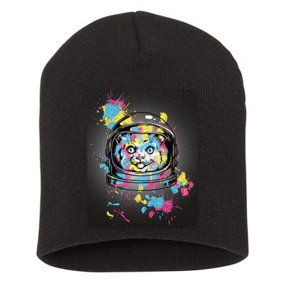 Astronaut Cat Paint Splatter Colorful Design Short Acrylic Beanie