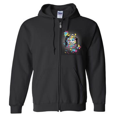 Astronaut Cat Paint Splatter Colorful Design Full Zip Hoodie