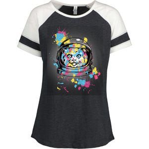 Astronaut Cat Paint Splatter Colorful Design Enza Ladies Jersey Colorblock Tee