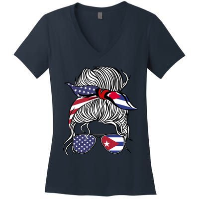 American Cuban Patriot Flag Wo Girl Cuba Grown Women's V-Neck T-Shirt