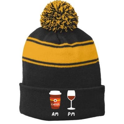 Am Coffee Pm Wine Coffee Lover Caffeine Wine Drinker Stripe Pom Pom Beanie