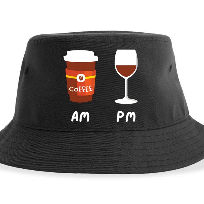 Am Coffee Pm Wine Coffee Lover Caffeine Wine Drinker Sustainable Bucket Hat