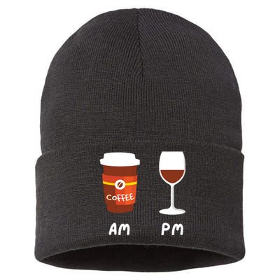 Am Coffee Pm Wine Coffee Lover Caffeine Wine Drinker Sustainable Knit Beanie