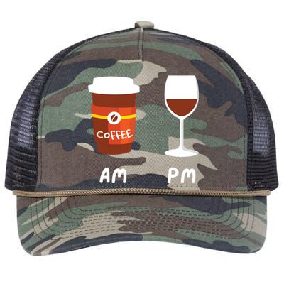 Am Coffee Pm Wine Coffee Lover Caffeine Wine Drinker Retro Rope Trucker Hat Cap