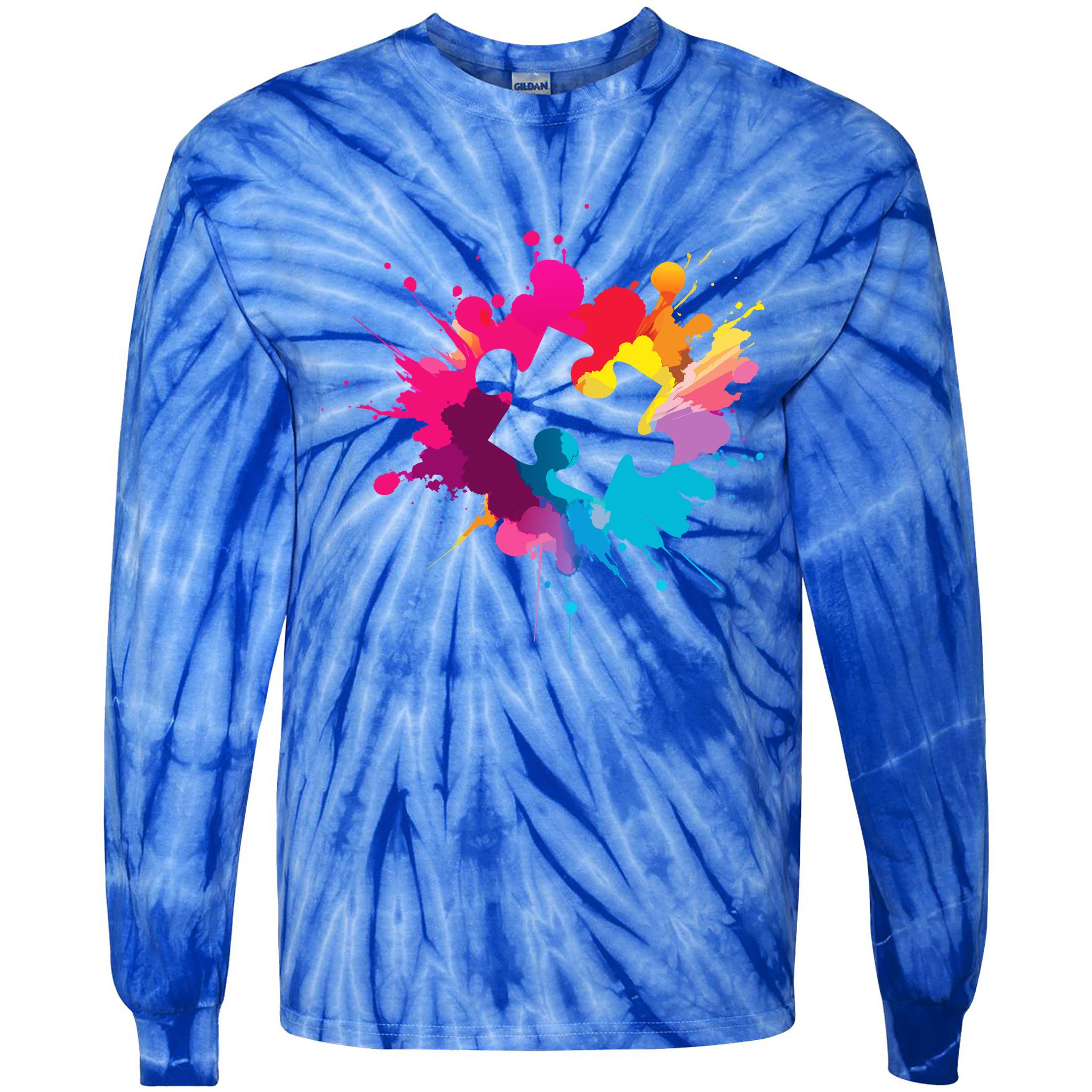 Autism Colorful Puzzle Piece Tie-Dye Long Sleeve Shirt
