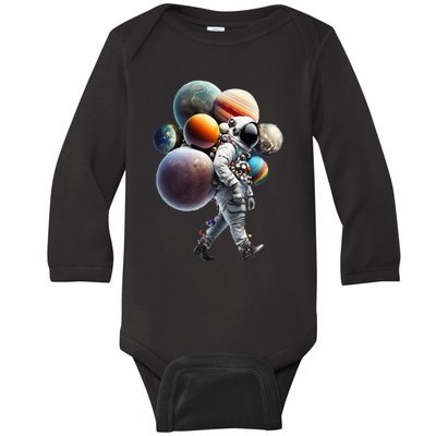 Astronaut carrying Planets and Moons in Space Baby Long Sleeve Bodysuit