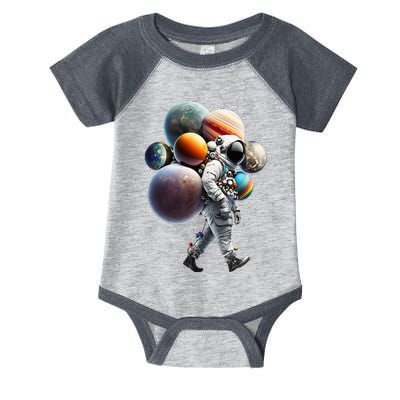 Astronaut carrying Planets and Moons in Space Infant Baby Jersey Bodysuit