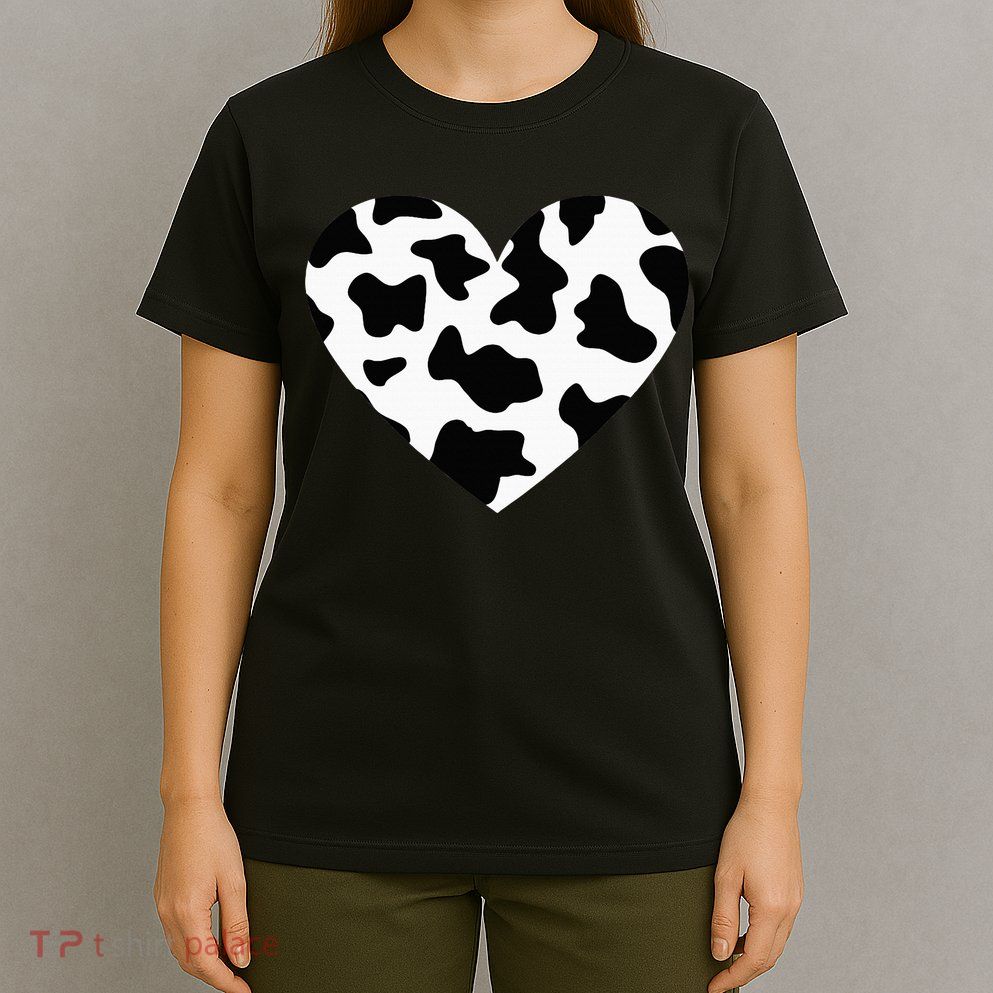 Awesome Cow Print Black & White Print Heart T-Shirt