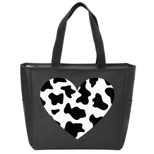 Awesome Cow Print Black & White Print Heart Zip Tote Bag
