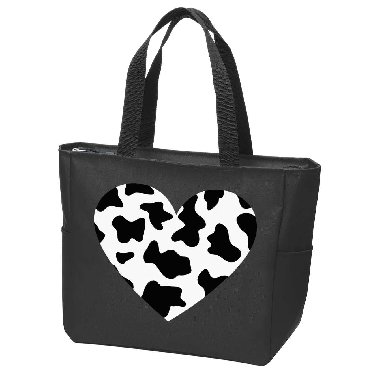 Awesome Cow Print Black & White Print Heart Zip Tote Bag