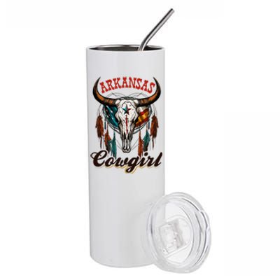 Arkansas Cowgirl Rodeo Western Country Longhorn Skull Stainless Steel Tumbler