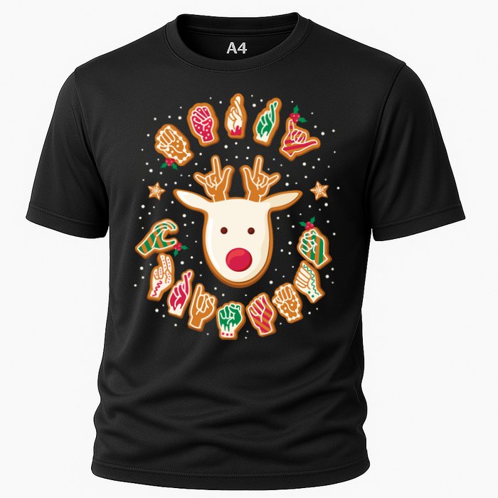 Asl Christmas Reindeer American Sign Language Gingerbread Cooling Performance Crew T-Shirt