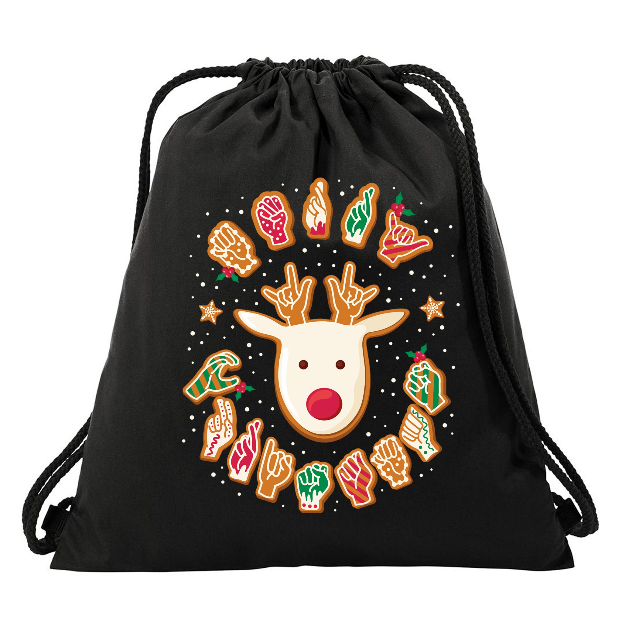 Asl Christmas Reindeer American Sign Language Gingerbread Drawstring Bag